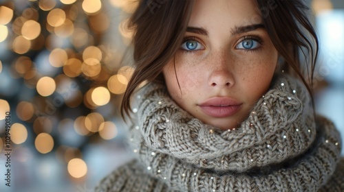 Young woman with bright blue eyes poses warmly in a cozy knitted scarf indoors during winter