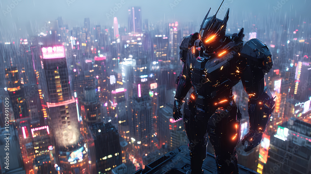Mecha Samurai Overlooking Neon City: Futuristic Anime Art Mecha Samurai Overlooking Neon City: Futuristic Anime Art