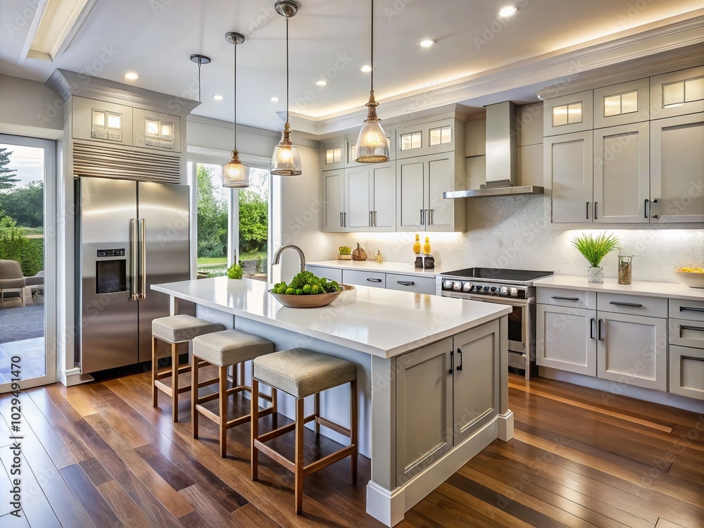 Modern Kitchen with Quartz Countertop and Appliances in Stylish Apartment Modern Kitchen with Quartz Countertop and Appliances in Stylish Apartment
