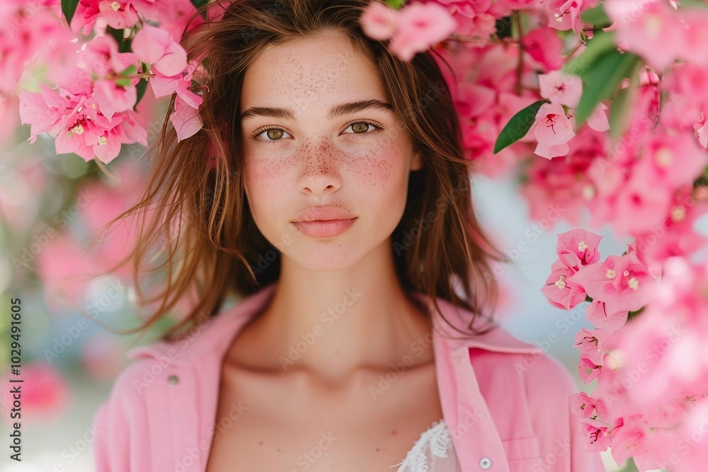 Portrait of a young woman with natural makeup, freckles, and loose hair standing among pink flowers, creating a soft, natural, and feminine aesthetic with ample copy space for floral designs. Portrait of a young woman with natural makeup, freckles, and loose hair standing among pink flowers, creating a soft, natural, and feminine aesthetic with ample copy space for floral designs.