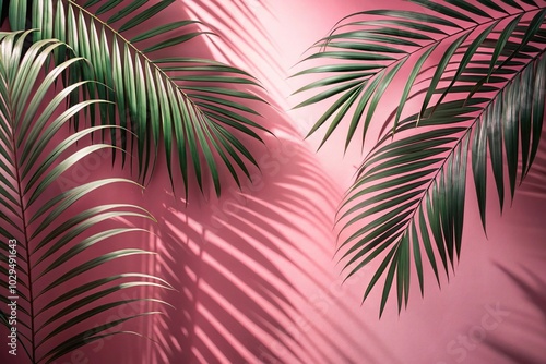 Tropical palm leaves shadows on pink wall background with shallow depth of field