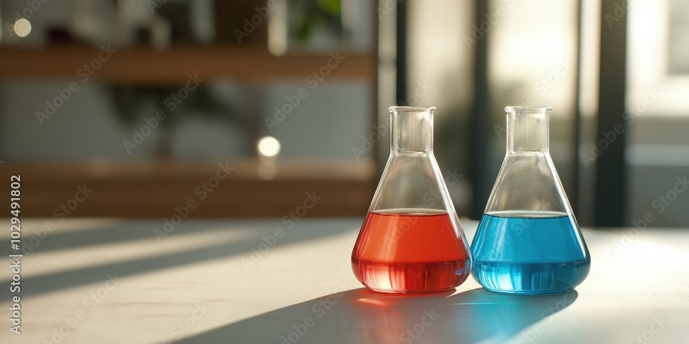 Two glass beakers filled with chemical solutions are on a table in a laboratory Two glass beakers filled with chemical solutions are on a table in a laboratory