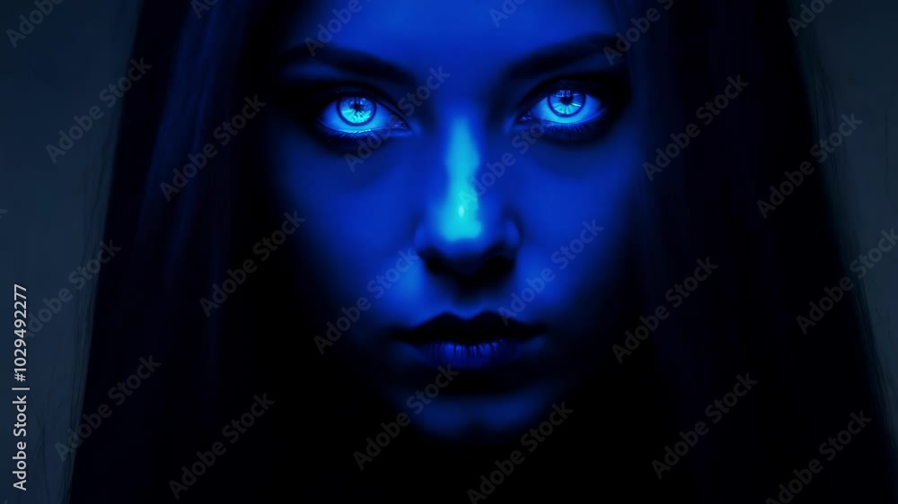 Mysterious person lurking in the shadows with only their piercing blue eyes visible, creating a chilling and eerie atmosphere Mysterious person lurking in the shadows with only their piercing blue eyes visible, creating a chilling and eerie atmosphere