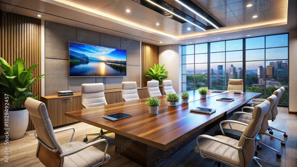 Modern Meeting Room with Television Displaying Slideshow Presentation for Corporate Use Modern Meeting Room with Television Displaying Slideshow Presentation for Corporate Use