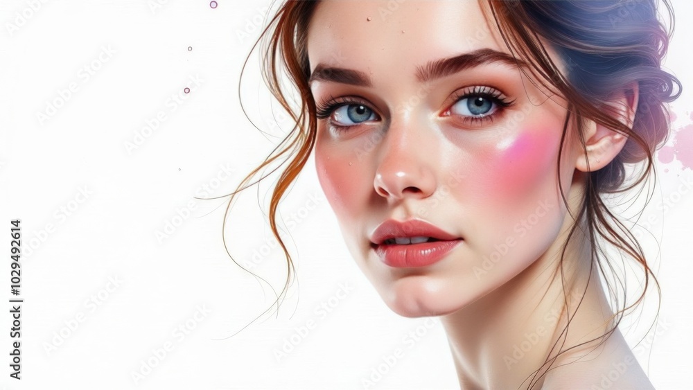 Well-groomed young woman with moisturized facial skin on a white background. Place for text. Advertising space Well-groomed young woman with moisturized facial skin on a white background. Place for text. Advertising space