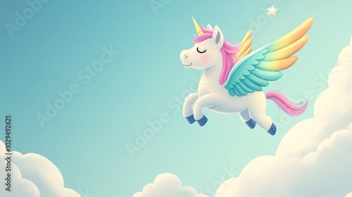 Wallpaper Mural Cute rainbow pegasus unicorn flying above a cloud with a happy expression in a clear sky Torontodigital.ca