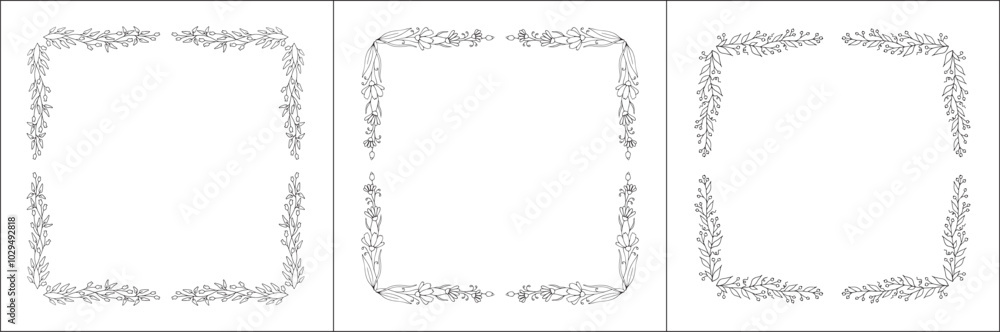 Set of three vector decorative frames, vegetal ornamental frame with flowers, decorative border, corners for greeting cards, banners, business cards, invitations. Isolated vector illustration.
Set of three vector decorative frames, vegetal ornamental frame with flowers, decorative border, corners for greeting cards, banners, business cards, invitations. Isolated vector illustration.
