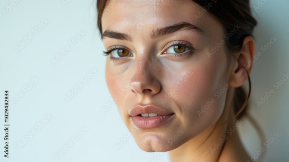 Well-groomed young woman with moisturized facial skin on a white background. Place for text. Advertising space