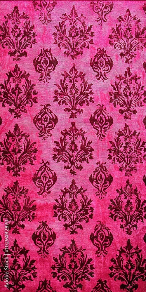 Pink area rug featuring a black and red design on the base, with a matching pattern on the underside Pink area rug featuring a black and red design on the base, with a matching pattern on the underside