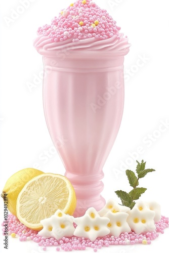 Un vaso alto de limonada rosa, servido con hielo y decorado con rodajas de limón y una ramita de menta. El fondo veraniego con flores y naturaleza evoca frescura y momentos de verano.



 photo