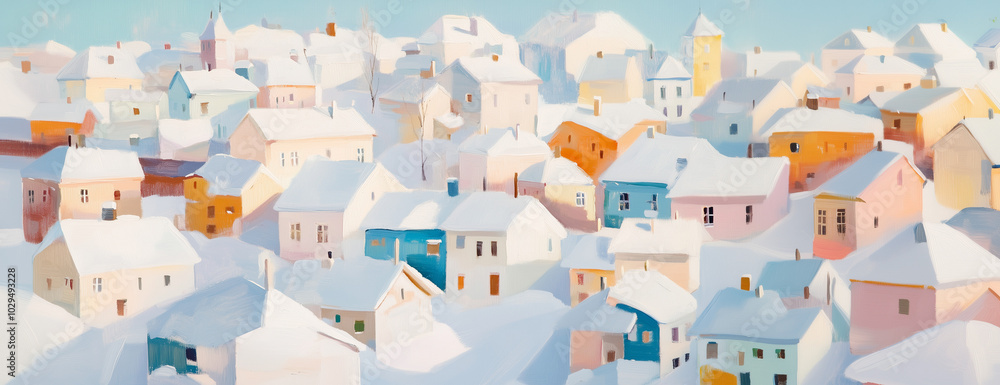 A colorful painting depicting a snowy town with pastel-colored houses. A colorful painting depicting a snowy town with pastel-colored houses.