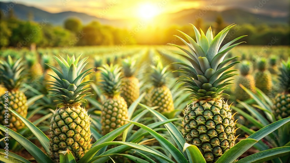 reflected green pineapples on plantation bathed in golden light reflected green pineapples on plantation bathed in golden light