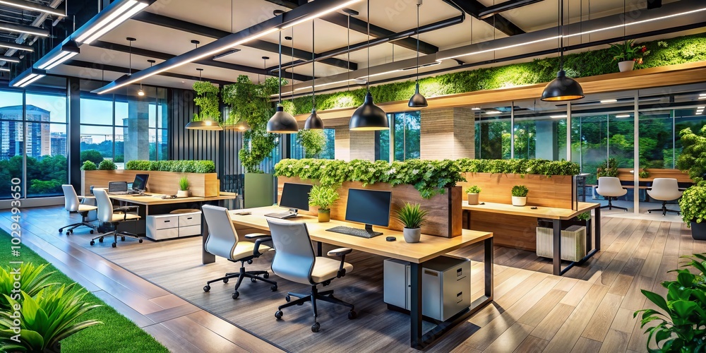 Naklejka premium Modern Office Space for Customer Service Manager with Collaborative Workstations and Open Design