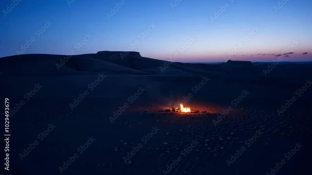 Mesmerizing bonfire crackles and flickers in the vast desert at twilight, casting a warm glow as the sun sets, creating a tranquil atmosphere Mesmerizing bonfire crackles and flickers in the vast desert at twilight, casting a warm glow as the sun sets, creating a tranquil atmosphere