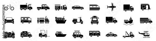 Transport and delivery related icons. Solid black color vector icon set, black and white kit. Car and Bus pictogram.