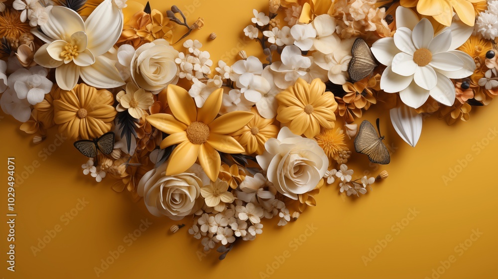 Floral composition on a yellow background, space for text, concept of Valentine Day, Mother Day, Women Day. Floral composition on a yellow background, space for text, concept of Valentine Day, Mother Day, Women Day.