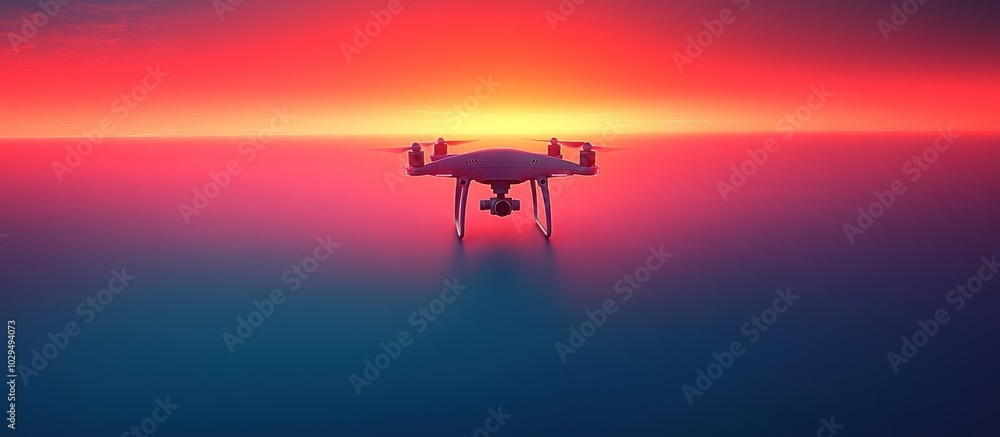 A drone hovering above a serene landscape at sunset. A drone hovering above a serene landscape at sunset.