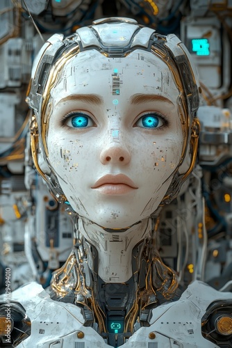 Futuristic humanoid AI robot with glowing blue circuitry 