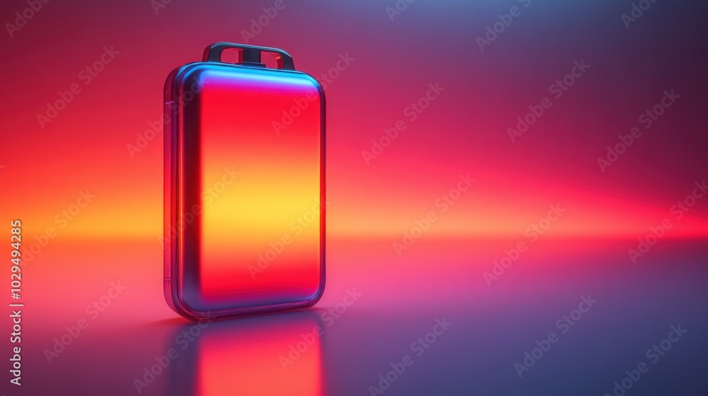A sleek suitcase illuminated by vibrant lighting, suggesting travel and adventure. A sleek suitcase illuminated by vibrant lighting, suggesting travel and adventure.