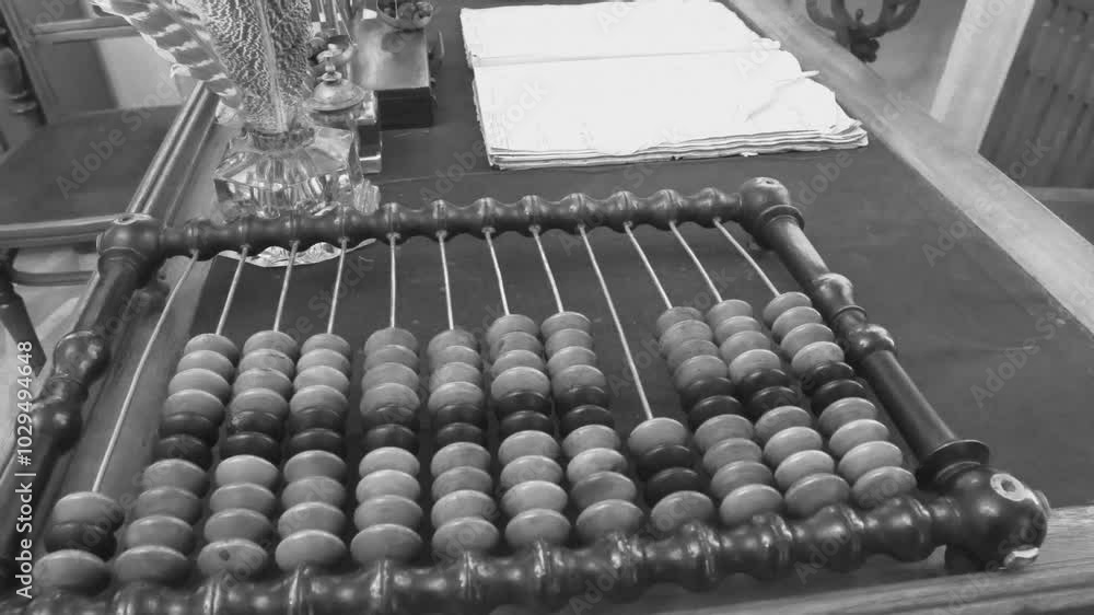 Old abacus, counting frame lies on the table in office. Black and white video in retro style with cinema effects, old filming. Close-up view highlights an antique wooden abacus with well-worn beads Old abacus, counting frame lies on the table in office. Black and white video in retro style with cinema effects, old filming. Close-up view highlights an antique wooden abacus with well-worn beads