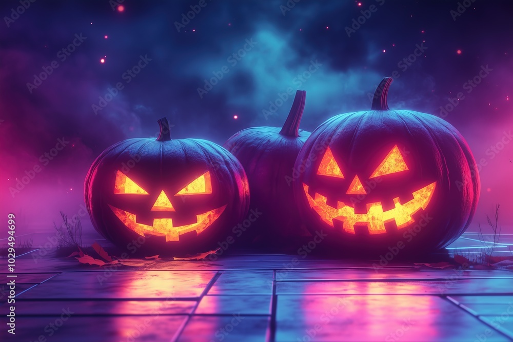 Synthwave inspired Halloween with pumpkins and geometric shapes, futuristic style. Retro futurism, 80s nostalgia, cyberpunk aesthetic. Celebration event or party banner, poster, invitation, card Synthwave inspired Halloween with pumpkins and geometric shapes, futuristic style. Retro futurism, 80s nostalgia, cyberpunk aesthetic. Celebration event or party banner, poster, invitation, card