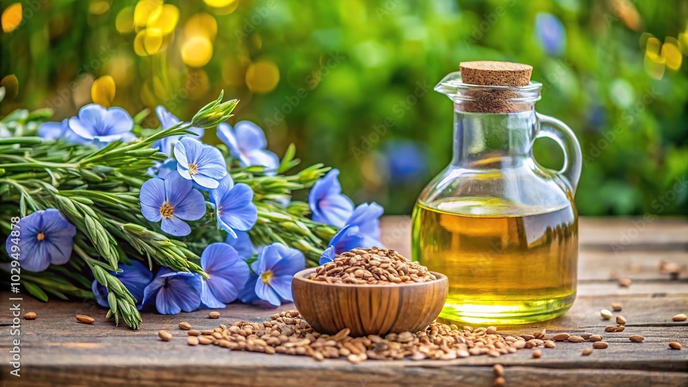 Reflected linseed oil and blue flax flowers on the table against greenery backdrop Reflected linseed oil and blue flax flowers on the table against greenery backdrop