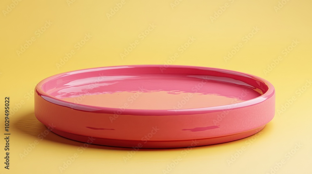 A glossy pink plate set against a yellow background, showcasing vibrant color contrast. A glossy pink plate set against a yellow background, showcasing vibrant color contrast.