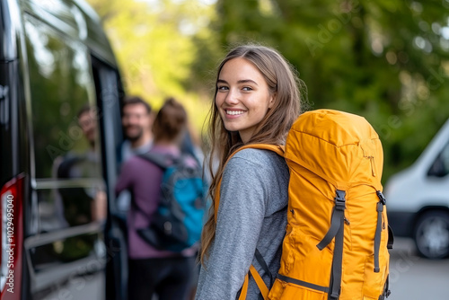 Smiling Female Traveler with Orange Backpack Boarding a Van