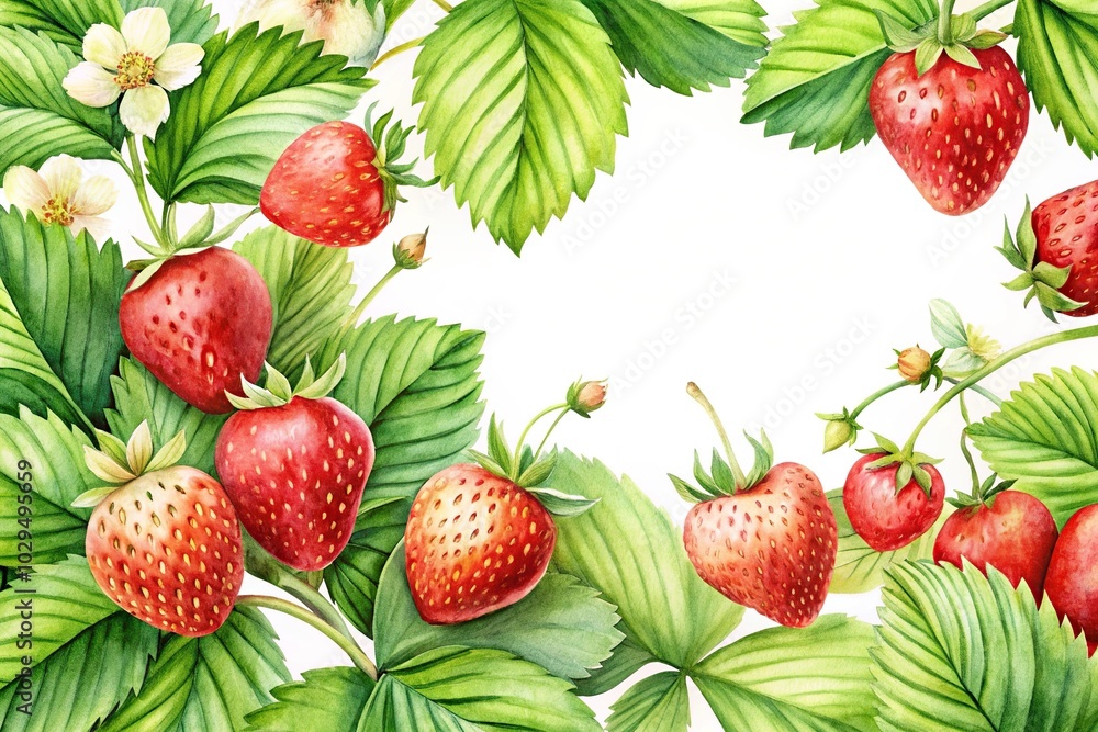 Vibrant watercolor illustration of strawberries and leaves Vibrant watercolor illustration of strawberries and leaves