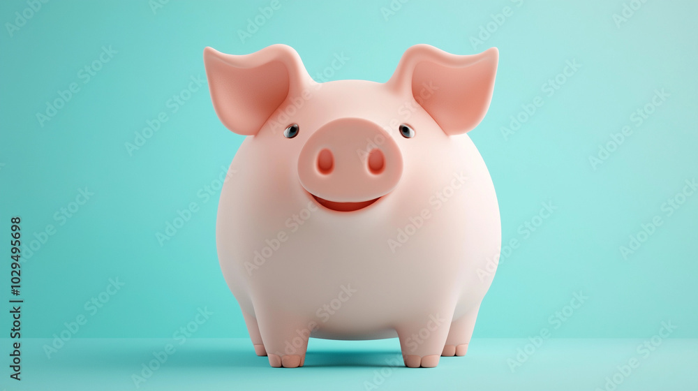 A pink piggy bank smiles against a blue background. A pink piggy bank smiles against a blue background.