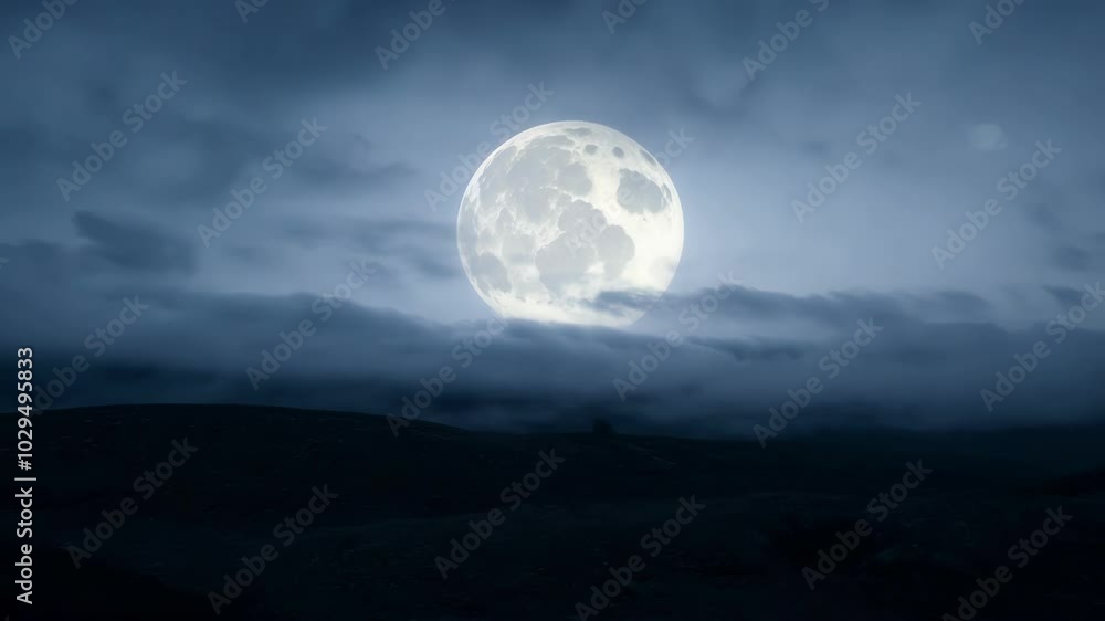 Bright full moon is rising over a dark and desolate landscape, with clouds swirling around it. The scene is both beautiful and eerie, with a sense of mystery and wonder Bright full moon is rising over a dark and desolate landscape, with clouds swirling around it. The scene is both beautiful and eerie, with a sense of mystery and wonder