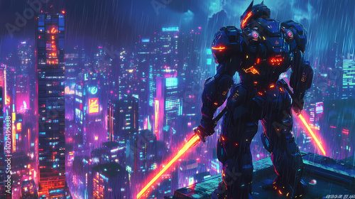 Mecha Samurai Overlooking Neon City: Futuristic Anime Art