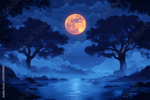 Mysterious enchanting landscape, river illuminated by moonlight on full moon. Mysterious trees grow along riverbank, mystical atmosphere. Background, banner or backdrop for Halloween, enigmatic themes