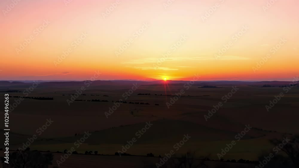 The sun is setting over rolling hills, casting long shadows across the landscape. The sky is a beautiful mix of orange, pink, and purple hues The sun is setting over rolling hills, casting long shadows across the landscape. The sky is a beautiful mix of orange, pink, and purple hues