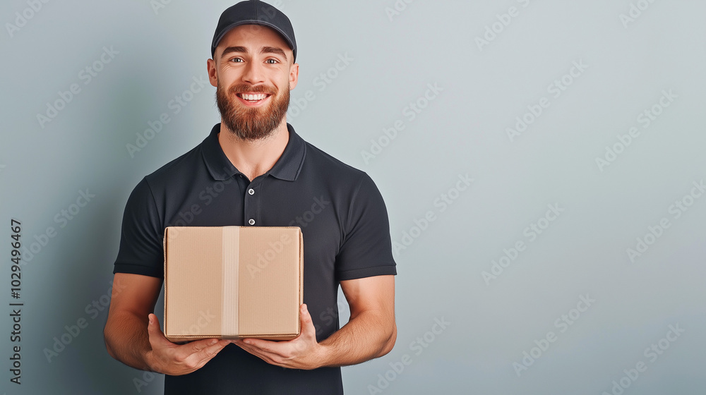 A smiling delivery man holds a cardboard box in front of a gray wall. A smiling delivery man holds a cardboard box in front of a gray wall.