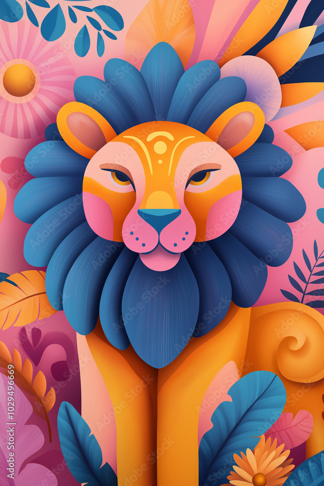 A colorful illustration of a lion with a blue mane surrounded by vibrant flowers. A colorful illustration of a lion with a blue mane surrounded by vibrant flowers.
