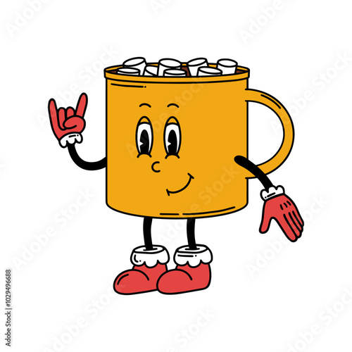 Mug of cocoa with marshmallows Christmas Groovy line vector illustration. Hand drawn character in trendy retro style. Merry Christmas and Happy New year