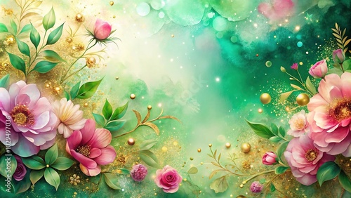 Panoramic elegant flowers green pink alcohol ink background with gold glitter elements