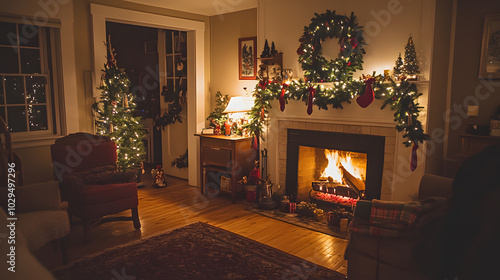 A cozy living room decorated with wreaths garlands and a roaring fire as a family prepares for Christmas Eve celebrations.