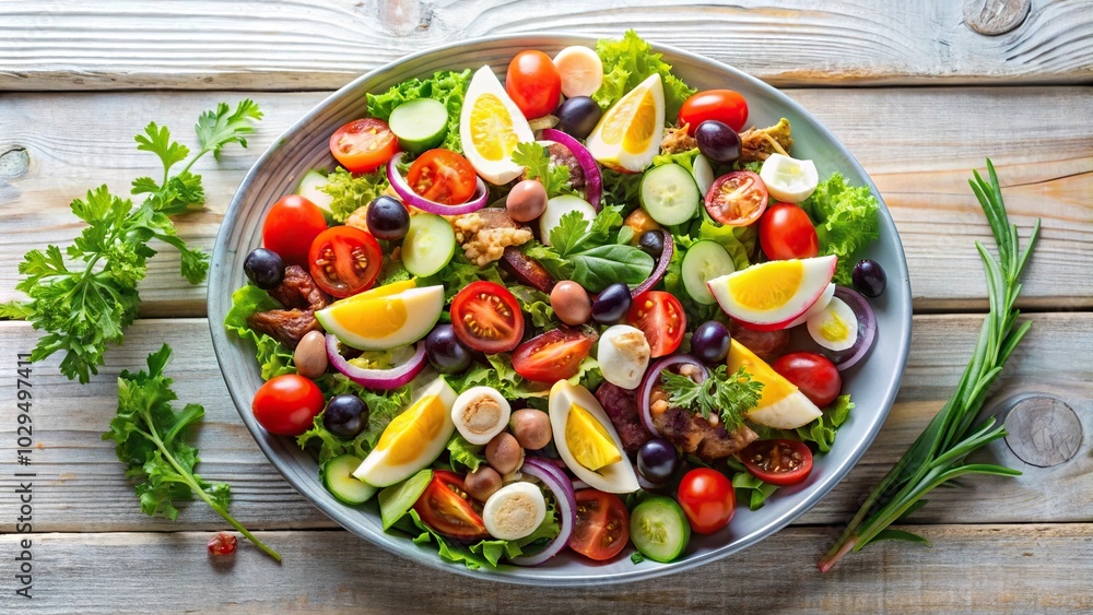 vivid and bold artistic presentation of Nicoise salad on light wooden surface aerial vivid and bold artistic presentation of Nicoise salad on light wooden surface aerial