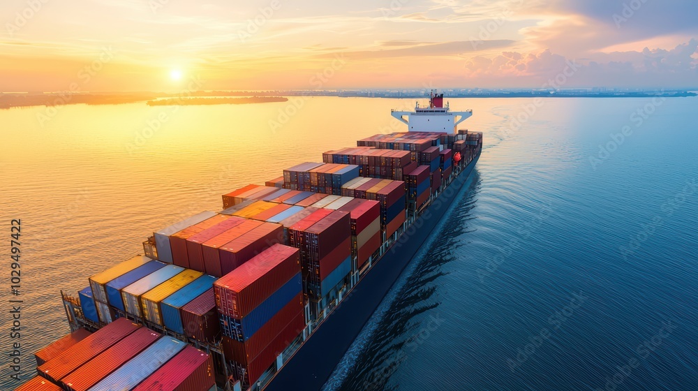 Naklejka premium A large cargo ship sailing on calm waters during a vibrant sunset, showcasing colorful shipping containers.