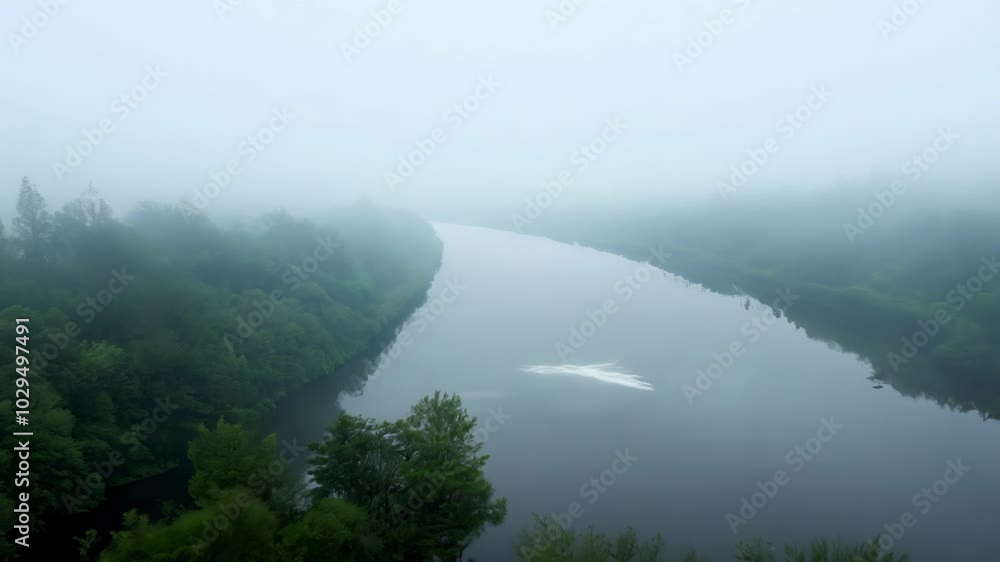 Misty river winds through a lush forest in a serene morning, creating a mysterious and tranquil atmosphere. The fog adds drama to the wilderness scene, capturing the calm essence of nature Misty river winds through a lush forest in a serene morning, creating a mysterious and tranquil atmosphere. The fog adds drama to the wilderness scene, capturing the calm essence of nature