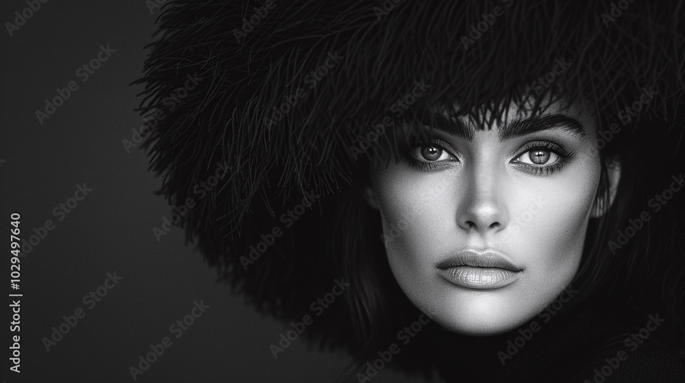 Black and white portrait of a woman wearing a large fur hat, with intense eyes and glossy lips, creating a dramatic and glamorous winter look with ample copy space for design use. Black and white portrait of a woman wearing a large fur hat, with intense eyes and glossy lips, creating a dramatic and glamorous winter look with ample copy space for design use.