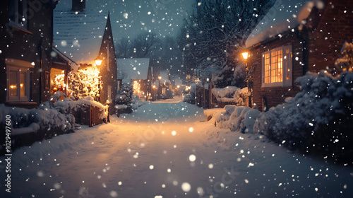 A cozy village street at night covered in fresh snow with warm lights glowing from windows and snowflakes falling gently.