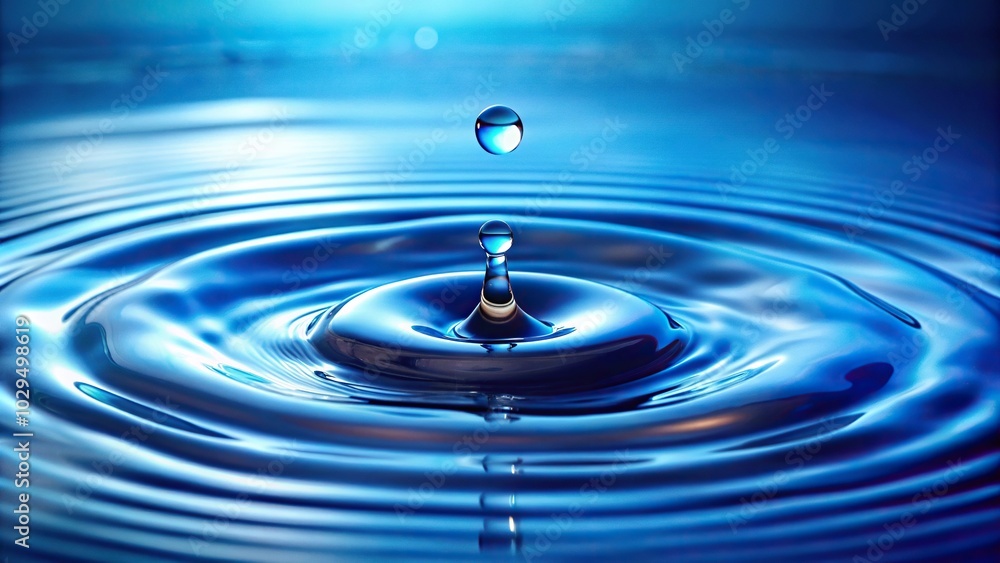 Water droplets falling on blue water surface medium shot Water droplets falling on blue water surface medium shot