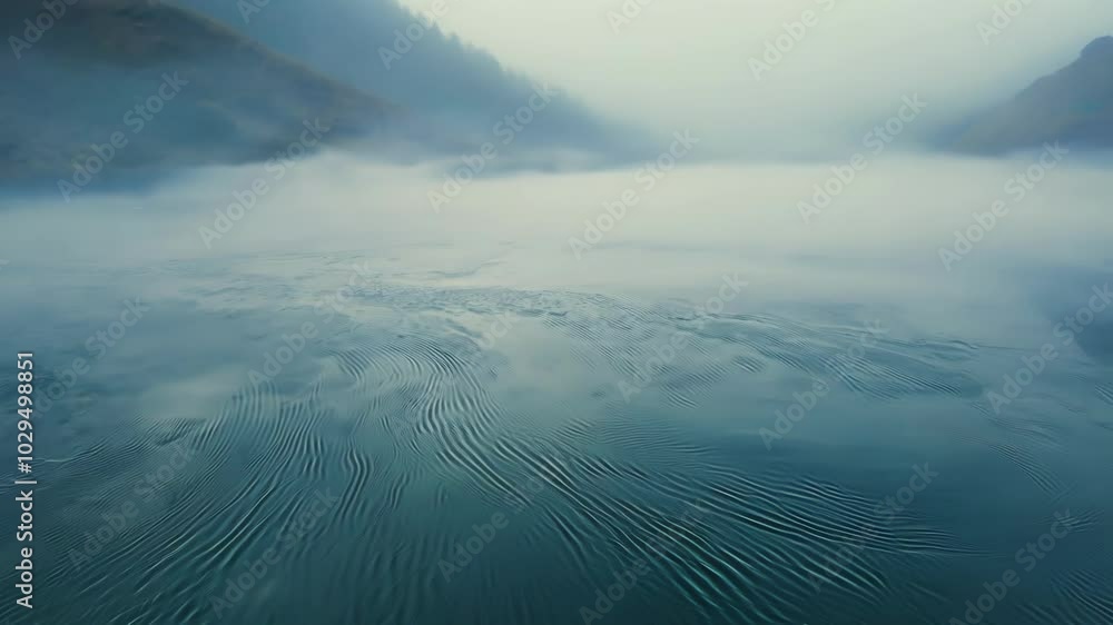 Serene mountain lake covered in fog, reflecting clouds and creating ripples, with blue and green hues blending seamlessly. Perfect for peaceful outdoor travel Serene mountain lake covered in fog, reflecting clouds and creating ripples, with blue and green hues blending seamlessly. Perfect for peaceful outdoor travel