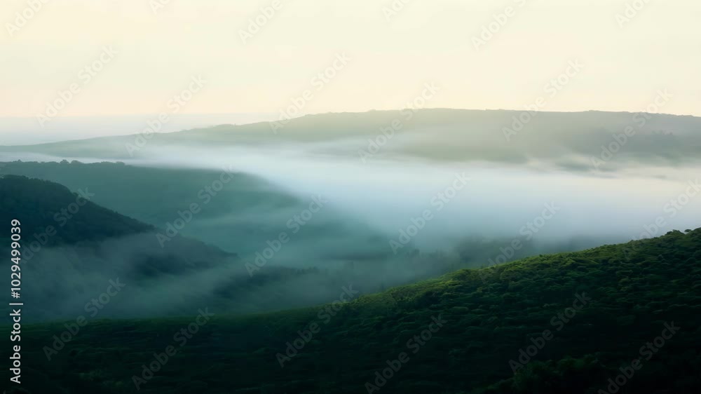Sunlight is illuminating a thick morning mist flowing over lush green hills in the countryside, creating a dramatic and moody landscape Sunlight is illuminating a thick morning mist flowing over lush green hills in the countryside, creating a dramatic and moody landscape