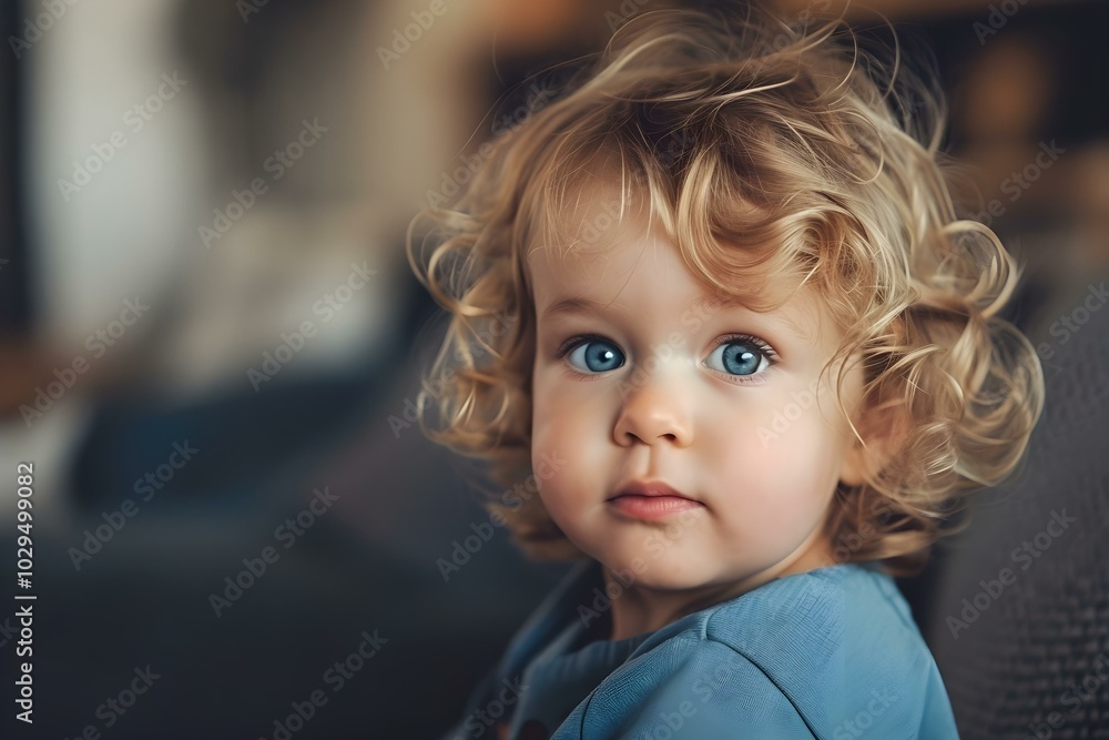 Adorable curly-haired toddler with blue eyes indoors Adorable curly-haired toddler with blue eyes indoors
