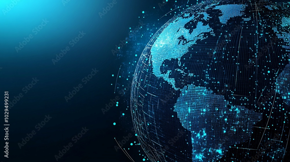 A Digital Representation of the Earth with Blue Luminous Lines and Dots A Digital Representation of the Earth with Blue Luminous Lines and Dots