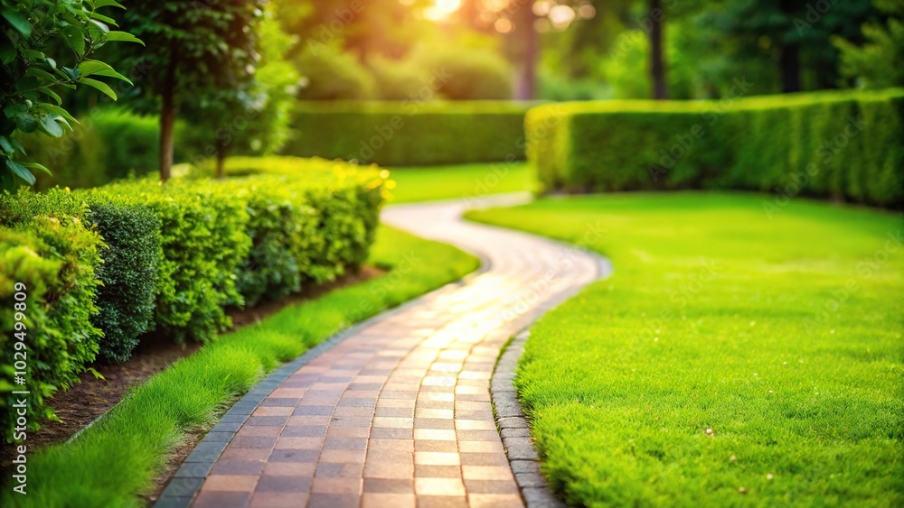 Reflected paved pathway with soft edges blurry green lawn and bushes behind Reflected paved pathway with soft edges blurry green lawn and bushes behind